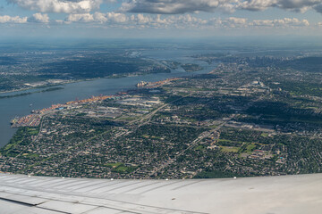 View of Montreal, Quebec Canada from airplane window on a clear day.
