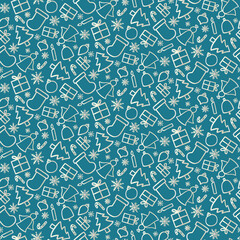 Seamless pattern of christmas doodles in a white gold gradient colour on a blue background.
