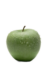 one green apple with water drops, png file