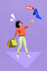 Vertical creative photo collage illustration of flying ecstatic impressed girl pull hand to shoe isolated on violet color background