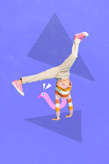 Fototapeta premium Vertical creative collage photo illustration of headless funny guy pink flamingo head stand on hands isolated on blue color background