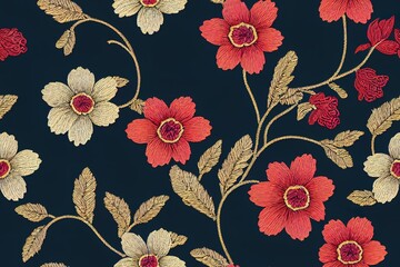 Fantasy flowers in retro, vintage, jacobean embroidery style. Seamless pattern, background. 2d illustrated illustration. On army green background.