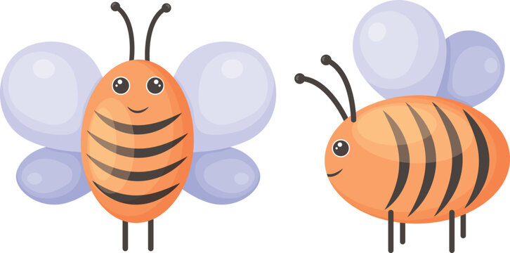 Bees. Cute cartoon bees. Image of a honey bee, side and front view. Children s illustration. On a white background. Vector