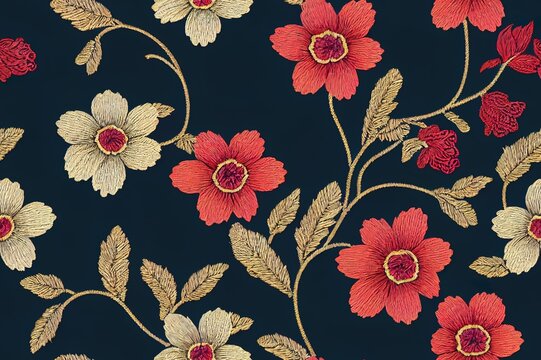 Fantasy flowers in retro, vintage, jacobean embroidery style. Seamless pattern, background. 2d illustrated illustration. On army green background.