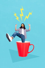 Vertical creative photo collage illustration of satisfied funny positive guy foot in cup full of...