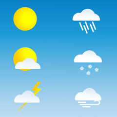 Weather icons pack. Colorful weather forecast design elements, perfect for mobile apps and widgets. Contains icons of the sun, clouds, snowflakes, wind, rain, snow. Black, blue and yellow colors. 
