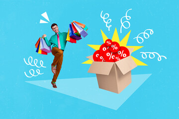 Creative collage photo illustration of positive glad guy hold shopping bags new clothes buy on sale...