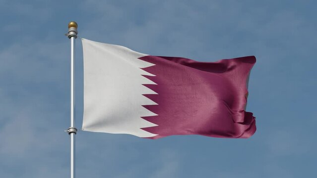 Qatar Flag 4K. 30 fps . Qatar flag waving in the wind. Flag of Qatar waving at wind against beautiful blue sky. Looped animation. Loop. Flag pole.