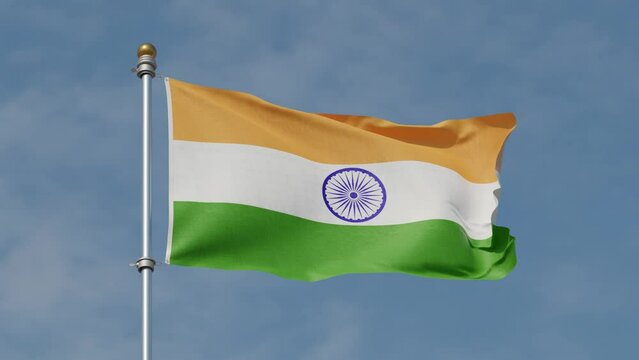 Indian Flag 4K. 30 fps . Indian flag waving in the wind. Flag of India waving at wind against beautiful blue sky. Looped animation. Loop. Flag pole.