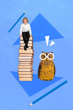 Vertical creative photo collage of smart intelligent clever schoolboy sit on book near owl in glasses isolated on blue color background