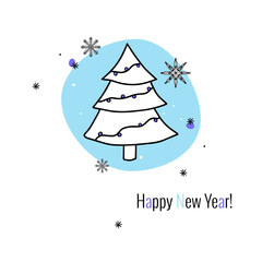 Festive tree in forest, falling snowflakes are hand drawn  in black outline on white and blue background. Text Happy New Year! Vector illustration for decor of postcards, banners, flyers.