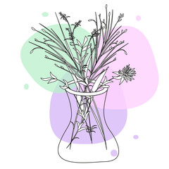 Bouquet of wild flowers in vase. Sketch in retro black outline style on white background with colored blobs. Outline style vector illustration.