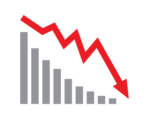 Fototapeta na wymiar Red arrow going down stock icon on white background. Decrease, Bankruptcy, financial market crash icon for your web site design, logo, app, UI. graph chart downtrend symbol.chart going down sign.