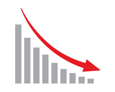 Red arrow going down stock icon on white background. Decrease, Bankruptcy, financial market crash icon for your web site design, logo, app, UI. graph chart downtrend symbol.chart going down sign.