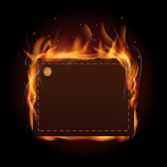 Burning blank tag. Price label in realistic fire
