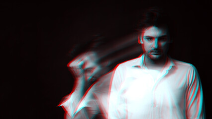 Abstract blurry portrait of a psychopathic man with schizophrenic diseases and split personality....