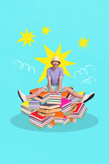 Vertical creative collage photo of crazy funny excited guy sit on book overloaded with knowledge...