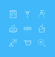 Set of health and hygiene icons, liquid soap, wet wipes, detergent, eye drops, hand cream, mask, heart and linear variety vectors.
