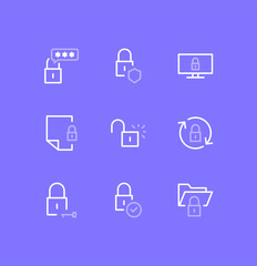 Set of locks and related icons, locked folder, locked phone, change password, cloud, file and linear variety vectors.