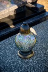 Cemetery grave candle lanterns. All Saints' Day, Feast of All Souls. Commemoration of All the Faithful Departed and the Day of the Dead.