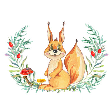 Watercolor cute animal squirrel, rosehip wreath, hand drawn portrait illustration. Beautiful flower arrangement with watercolor cute squirrel and wildflowers. retro cartoon squirrel