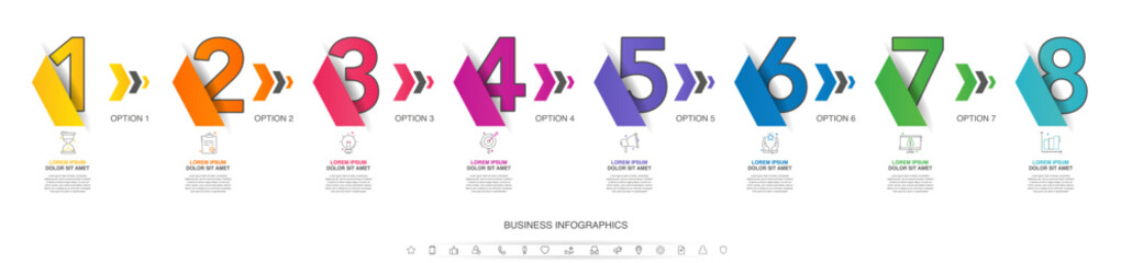 Vector timeline infographics with eight steps, icons, flowchart, workflow and process infographic. Illustration template with arrows.