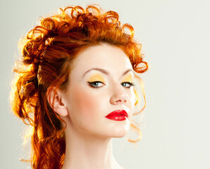 Long Curly Red Hair. Fashion Woman Portrait. Beauty Model Girl with Luxurious Hair. Hairstyle. Red lipstick - 541461320
