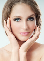 Beautiful face of young adult woman with clean fresh skin. - 541461390