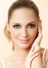 Beautiful face of young adult woman with clean fresh skin. - 541461399