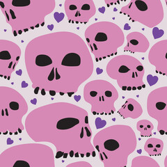 Seamless background with black and pink skulls and purple hearts. Background for textiles and postcards for Valentine's Day, for lovers. Vector graphics.