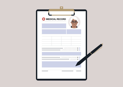A senior patient's medical chart clipped to a clipboard
