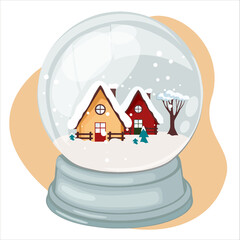 Template of Christmas vector greeting card of a glass snow globe with a winter landscape and a house inside.