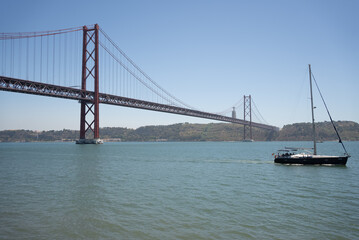 Boat passing under an iconic iron bridge