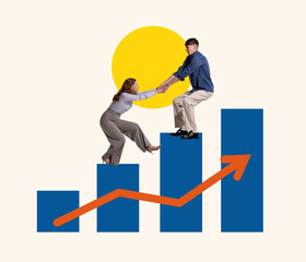Contemporary art collage. Young man, employee helping woman to move forward. Team support and assistance