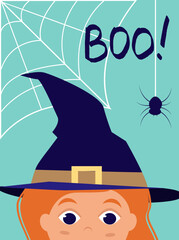 Halloween poster design in cartoon style with witch, spider and lettering. Halloween party invitation, banner or greeting card. Vector illustration in flat style.