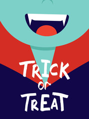 Halloween poster design in cartoon style with vampire and lettering. Halloween party invitation, banner or greeting card. Vector illustration in flat style.