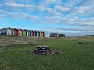 Beautiful shot the colorful Blyth beach huts in Northumberland