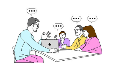 illustration of a creative team discussing at the office table looking serious and thinking about business ideas
