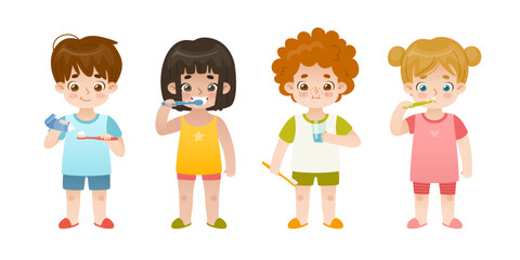 Set of cartoon children brush their teeth. Dental hygiene collection for children. Cute kids take care of their teeth.