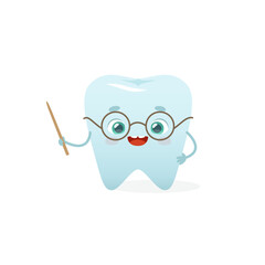 Cartoon tooth teacher mascot with glasses and pointer. Cute tooth vector character for kids dental clinic.