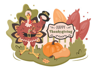 Thanksgiving card. Happy cute funny turkey with traditional hat stands by the garden fence and wishes Thanksgiving. Cartoon character with autumn harvest, pumpkins, leaves, frame. Vector illustration