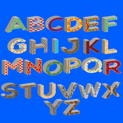Illustration set of alphabet 3d letters with patterns isolated on blue background.