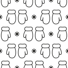 Cute mittens and snowflakes. Black outlines on white background. Seamless vector pattern. Christmas background for festive designs, textile print, wrapping, decorations, banners, cards, invitations.