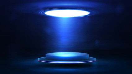 Blue floating in the air empty podium with circle ceiling lamp in dark and blue scene