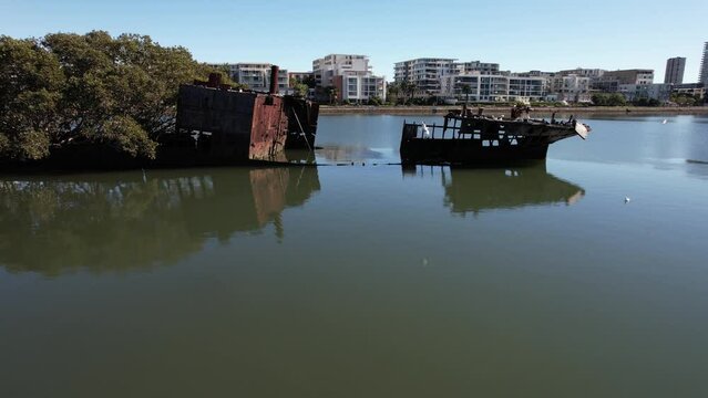 Old cashed ship at the Homebush Bay Shipwrecks in Olympic Park Sydney Australia