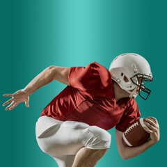 American football sportsman player with ball in action on gradient multicolored neon background, footballer in white helmet and red t-shirt ready to play.