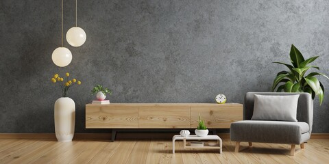 Modern living room decor with a tv cabinet and concrete wall background.