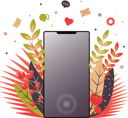 An empty smartphone screen in vertical orientation with leaves and plants. Vector illustration