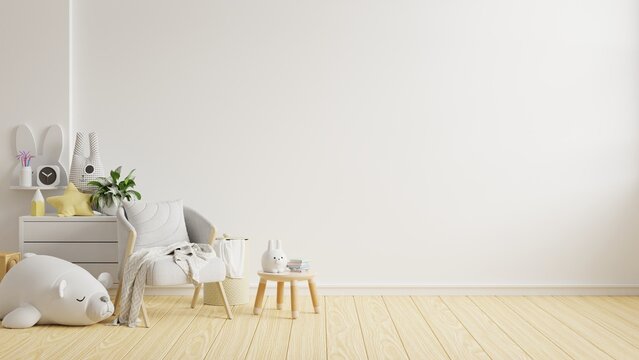 Mockup wall in the children's room with gray armchair on light white color wall.