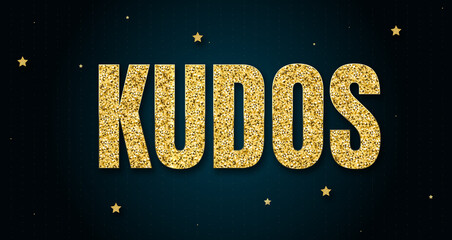 Kudos in shiny golden color, stars design element and on dark background.